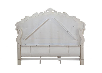 Antiqued White Wood And Tufted Silk Queen Bed Frame With Nailhead Trim HomeRoots