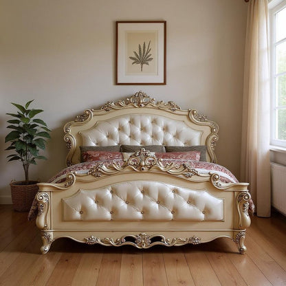 Antiqued White Wood And Tufted Silk Queen Bed Frame With Nailhead Trim HomeRoots