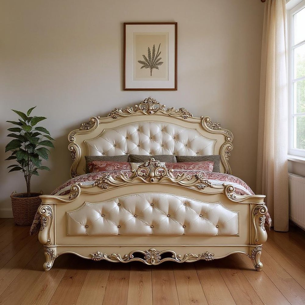 Antiqued White Wood And Tufted Silk Queen Bed Frame With Nailhead Trim HomeRoots