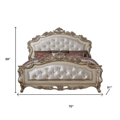 Antiqued White Wood And Tufted Silk Queen Bed Frame With Nailhead Trim HomeRoots