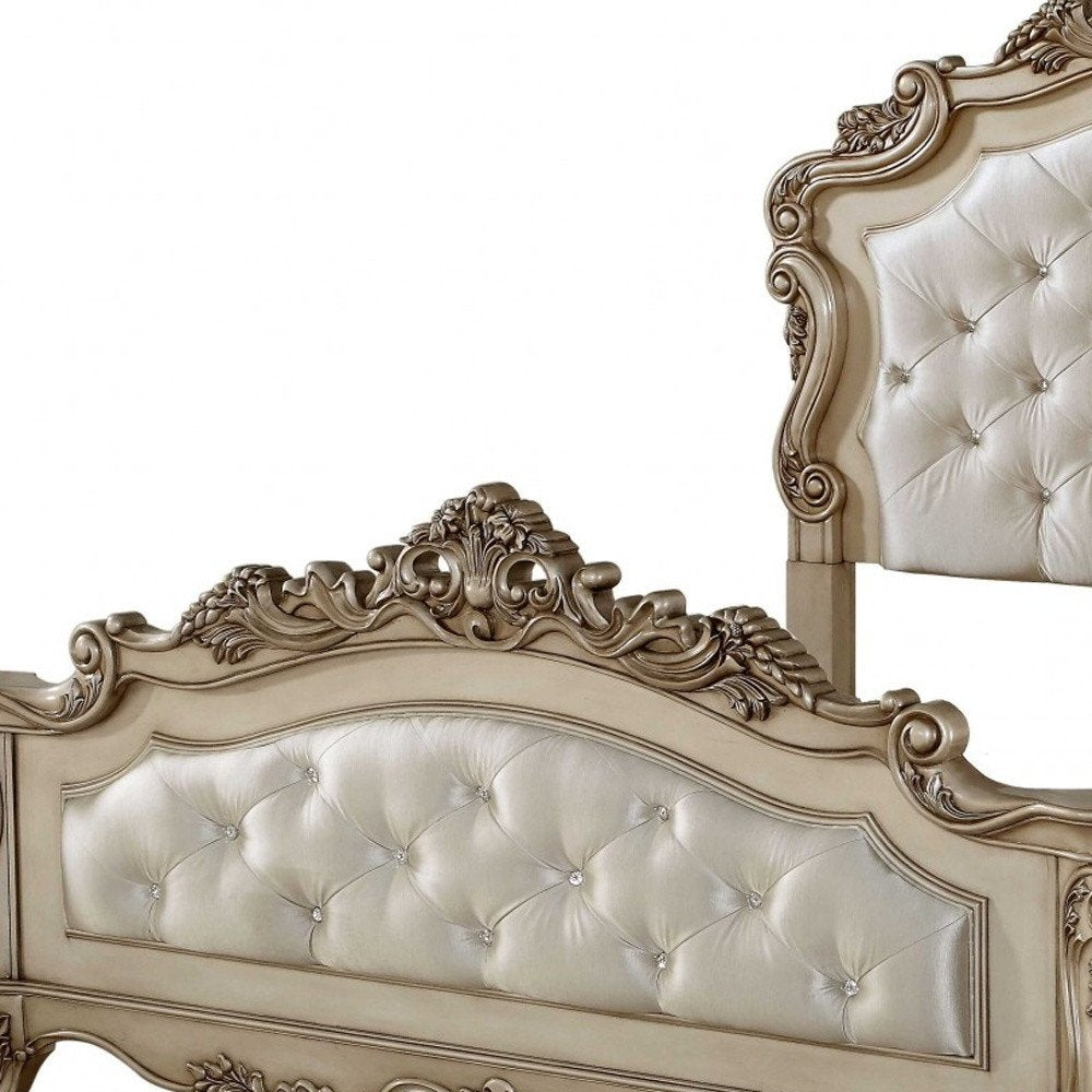 Antiqued White Wood And Tufted Silk Queen Bed Frame With Nailhead Trim HomeRoots