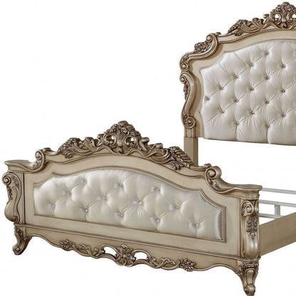 Antiqued White Wood And Tufted Silk Queen Bed Frame With Nailhead Trim HomeRoots