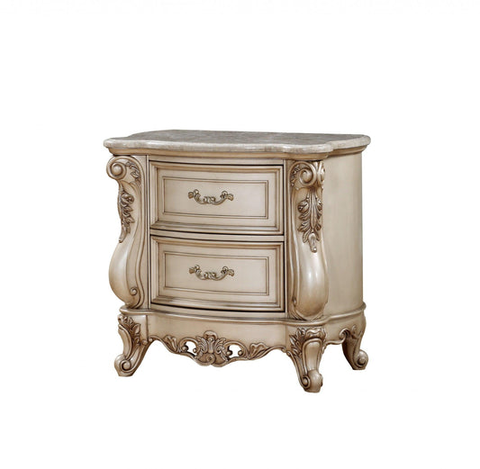 32" Antiqued White Two Drawers Mirrored Nightstand - FurniFindUSA