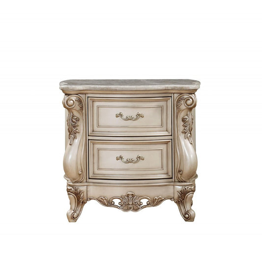 32" Antiqued White Two Drawers Mirrored Nightstand HomeRoots