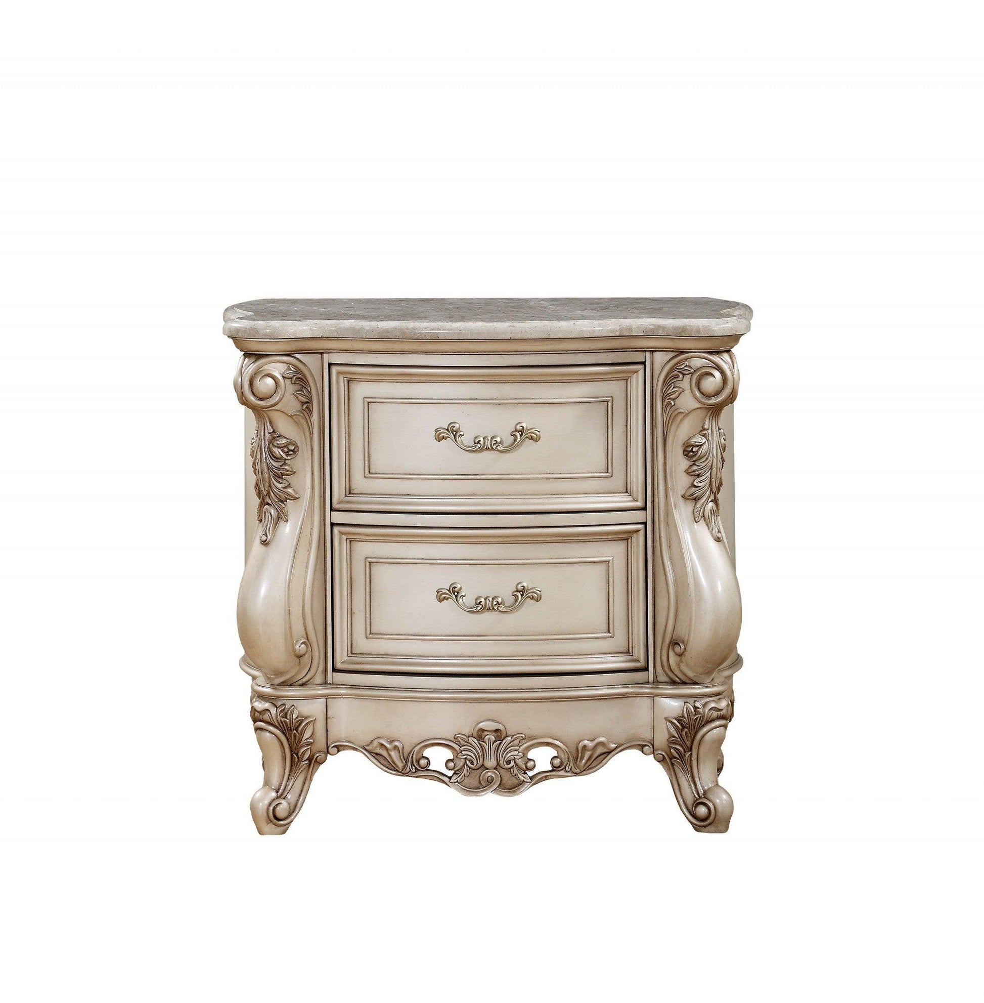 32" Antiqued White Two Drawers Mirrored Nightstand - FurniFindUSA