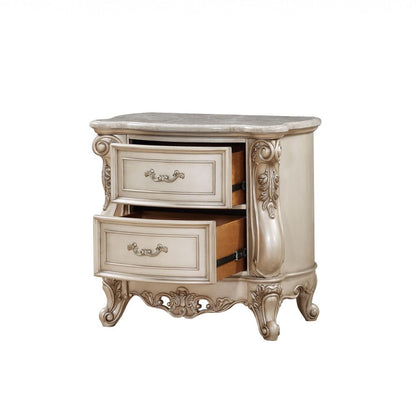 32" Antiqued White Two Drawers Mirrored Nightstand HomeRoots