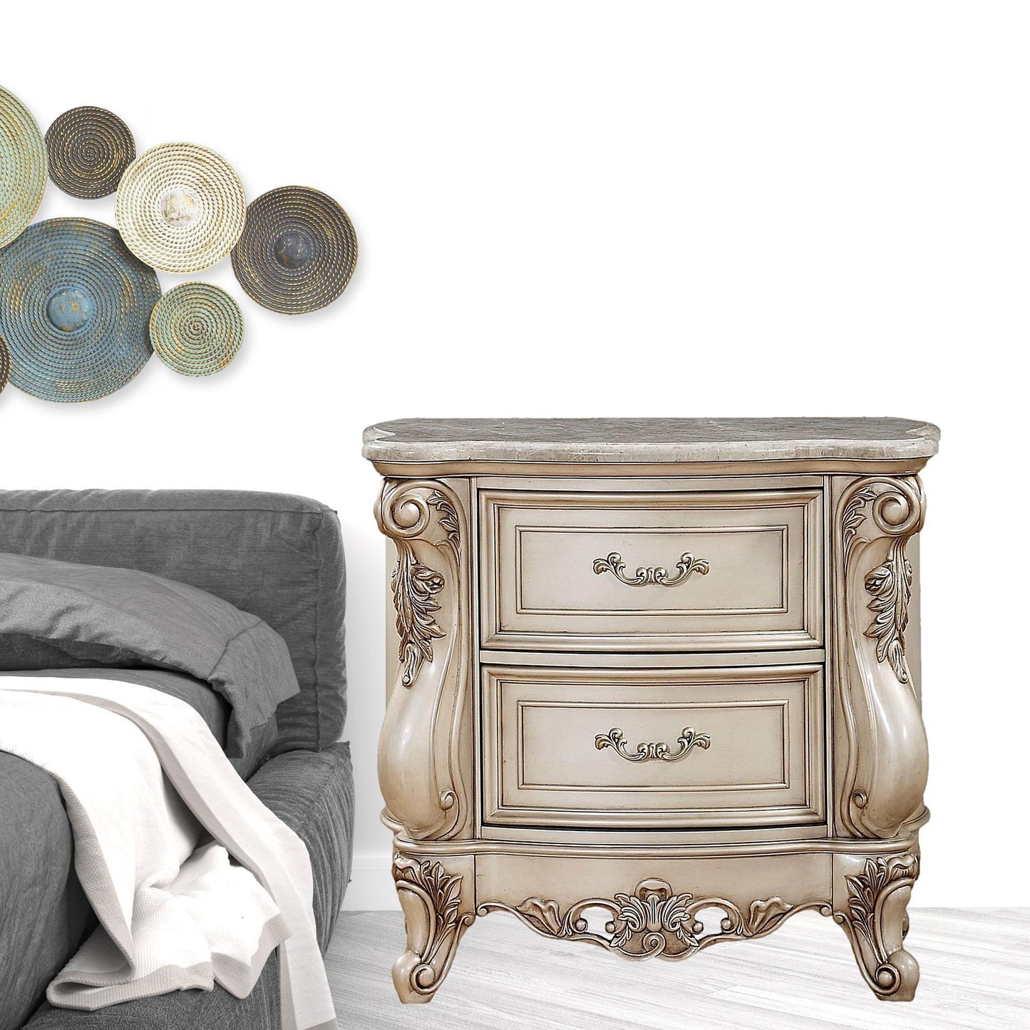 32" Antiqued White Two Drawers Mirrored Nightstand - FurniFindUSA