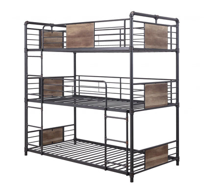 43" X 79" X 79" Sandy Black Dark Bronze Handbrushed Metal Wood Triple Bunk Bed Twin - FurniFindUSA