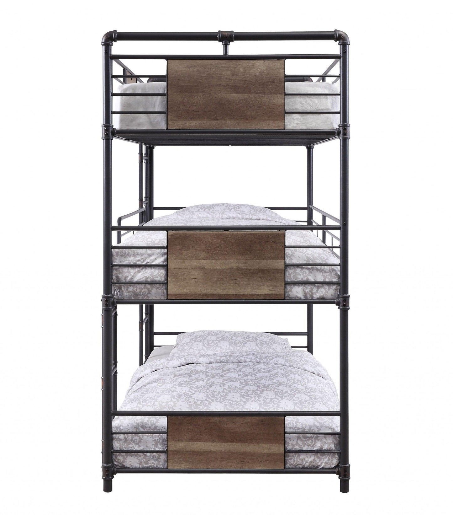 43" X 79" X 79" Sandy Black Dark Bronze Handbrushed Metal Wood Triple Bunk Bed Twin - FurniFindUSA