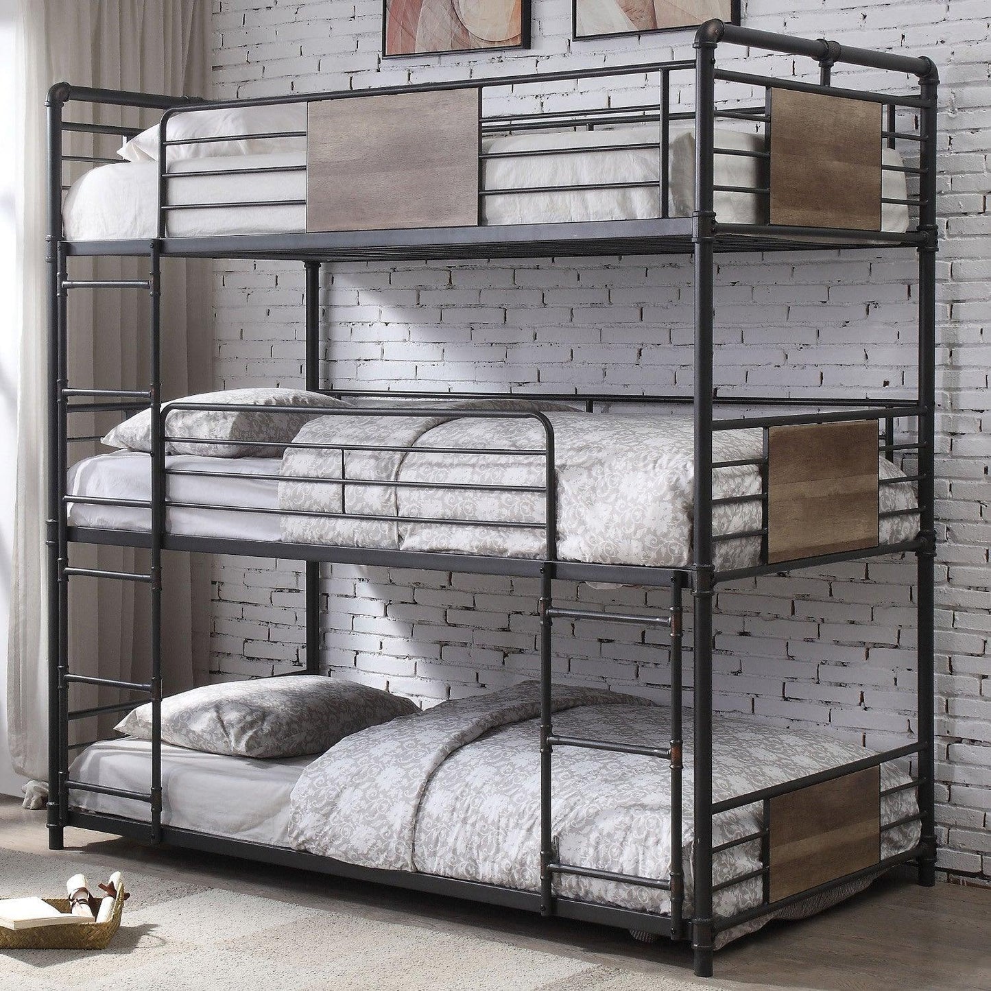 43" X 79" X 79" Sandy Black Dark Bronze Handbrushed Metal Wood Triple Bunk Bed Twin - FurniFindUSA