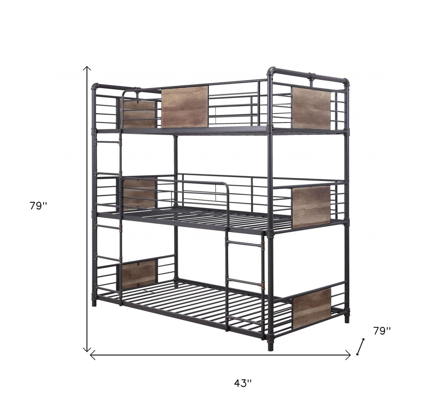 43" X 79" X 79" Sandy Black Dark Bronze Handbrushed Metal Wood Triple Bunk Bed Twin - FurniFindUSA