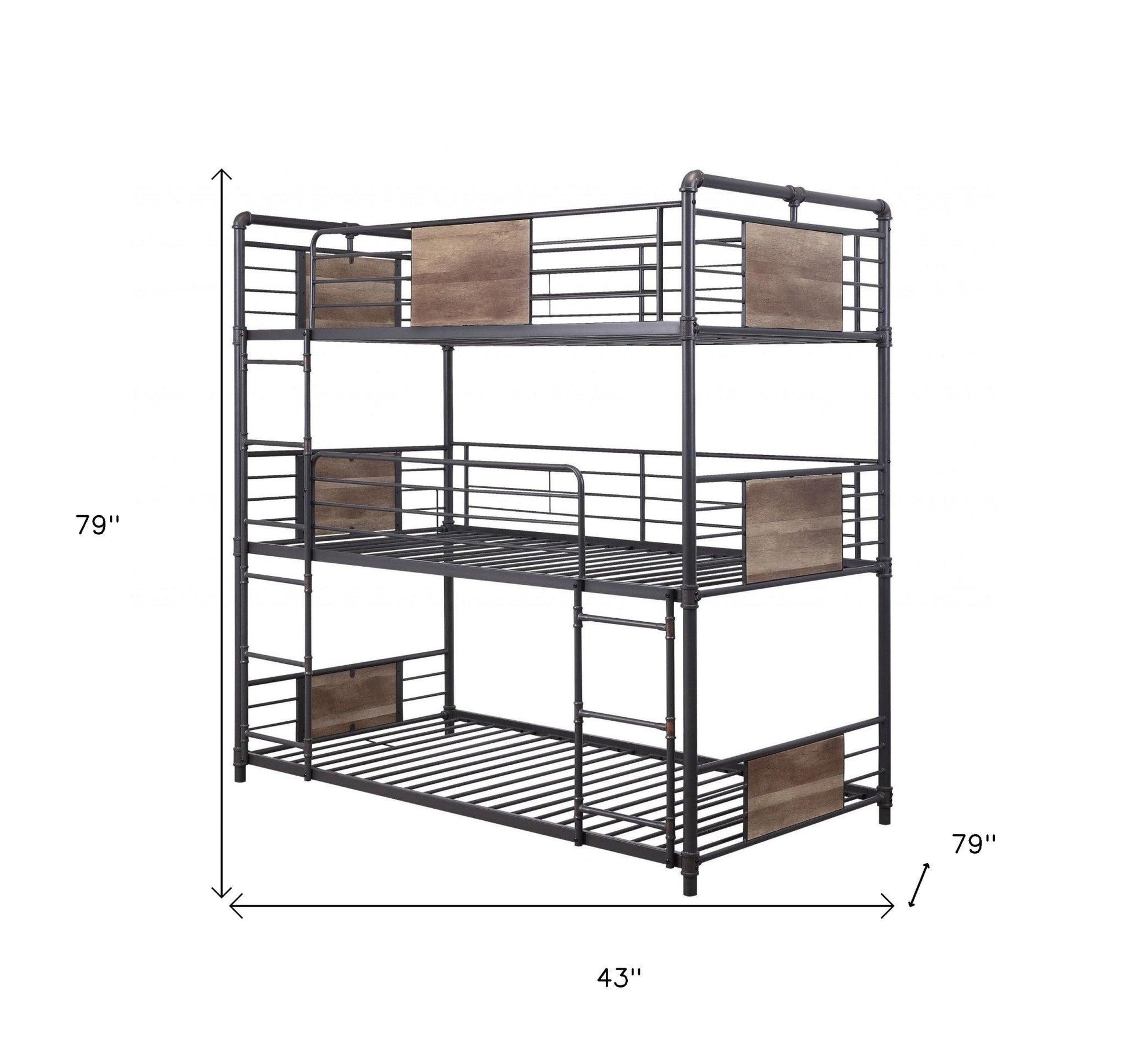 43" X 79" X 79" Sandy Black Dark Bronze Handbrushed Metal Wood Triple Bunk Bed Twin - FurniFindUSA