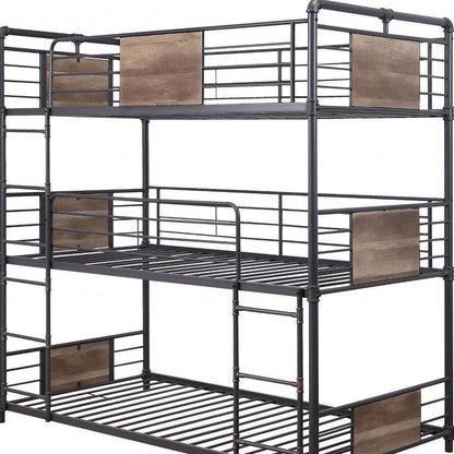 43" X 79" X 79" Sandy Black Dark Bronze Handbrushed Metal Wood Triple Bunk Bed Twin - FurniFindUSA