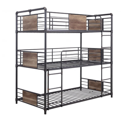 43" X 79" X 79" Sandy Black Dark Bronze Handbrushed Metal Wood Triple Bunk Bed Twin - FurniFindUSA