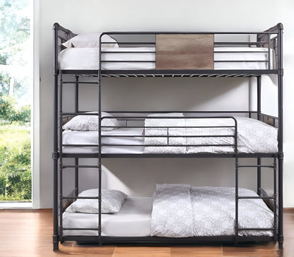 43" X 79" X 79" Sandy Black Dark Bronze Handbrushed Metal Wood Triple Bunk Bed  Twin