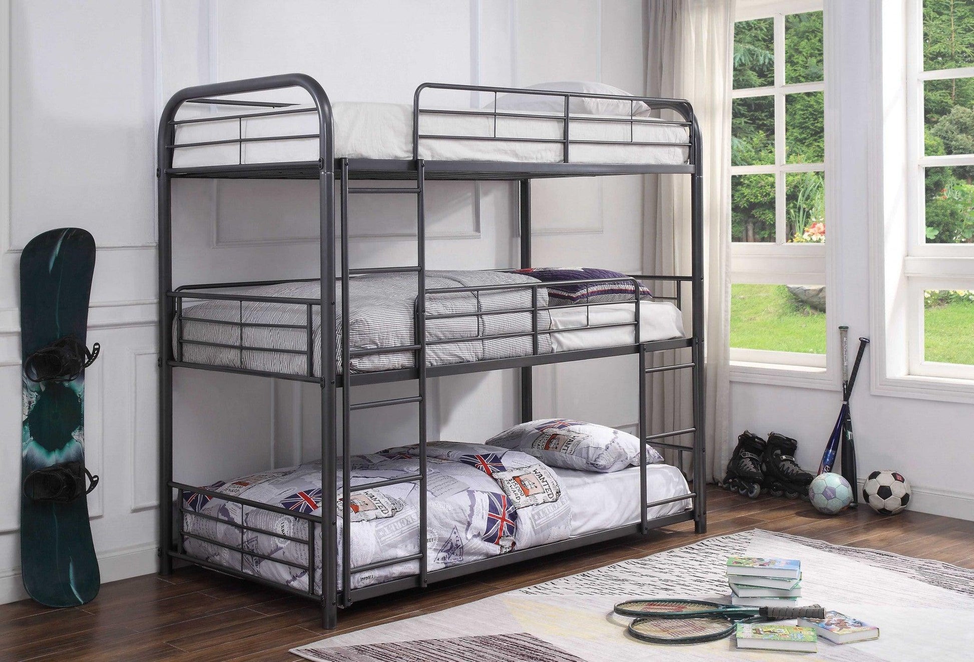 42" X 79" X 74" Gunmetal Metal Triple Bunk Bed - Twin - FurniFindUSA