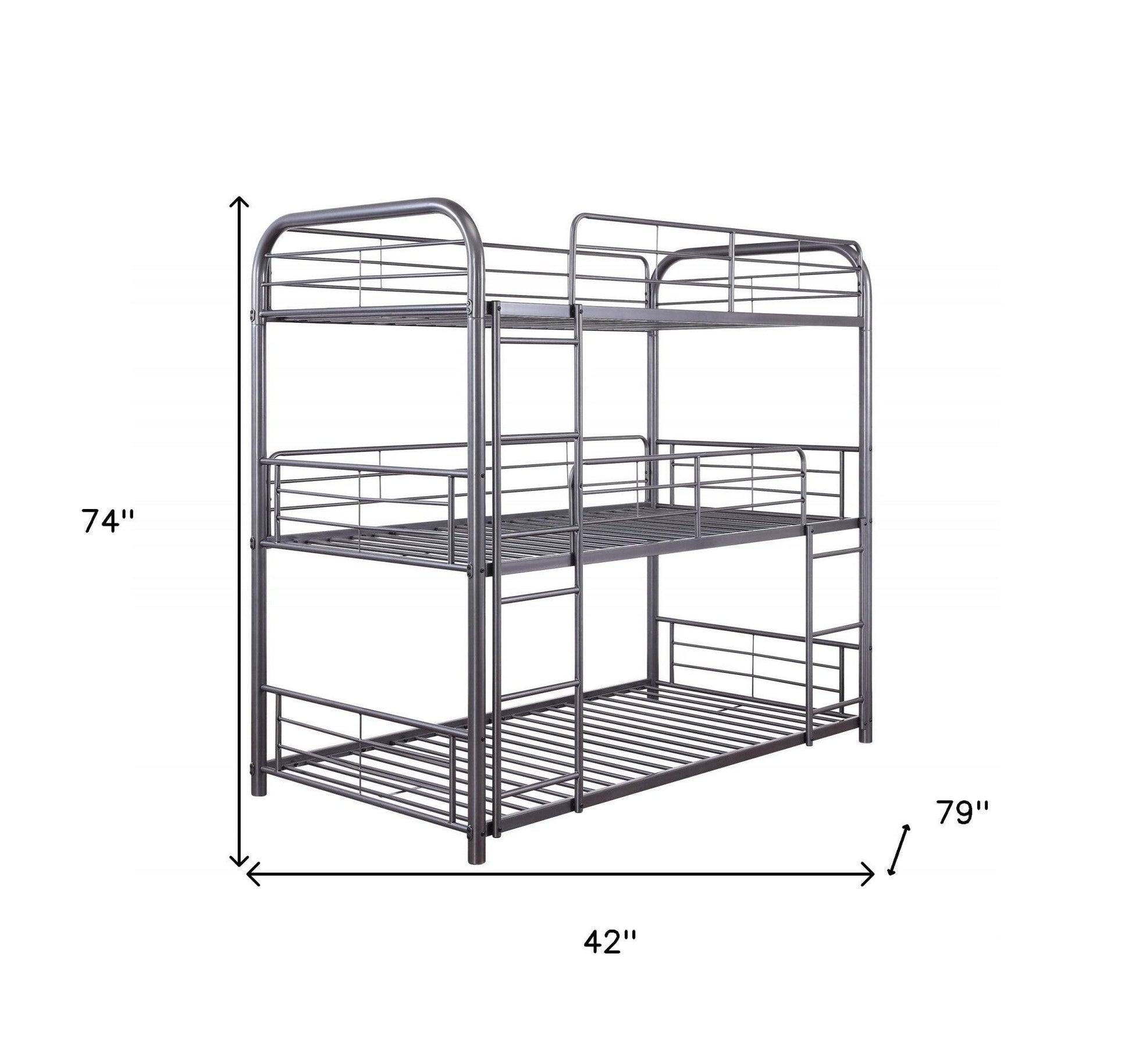 42" X 79" X 74" Gunmetal Metal Triple Bunk Bed - Twin - FurniFindUSA