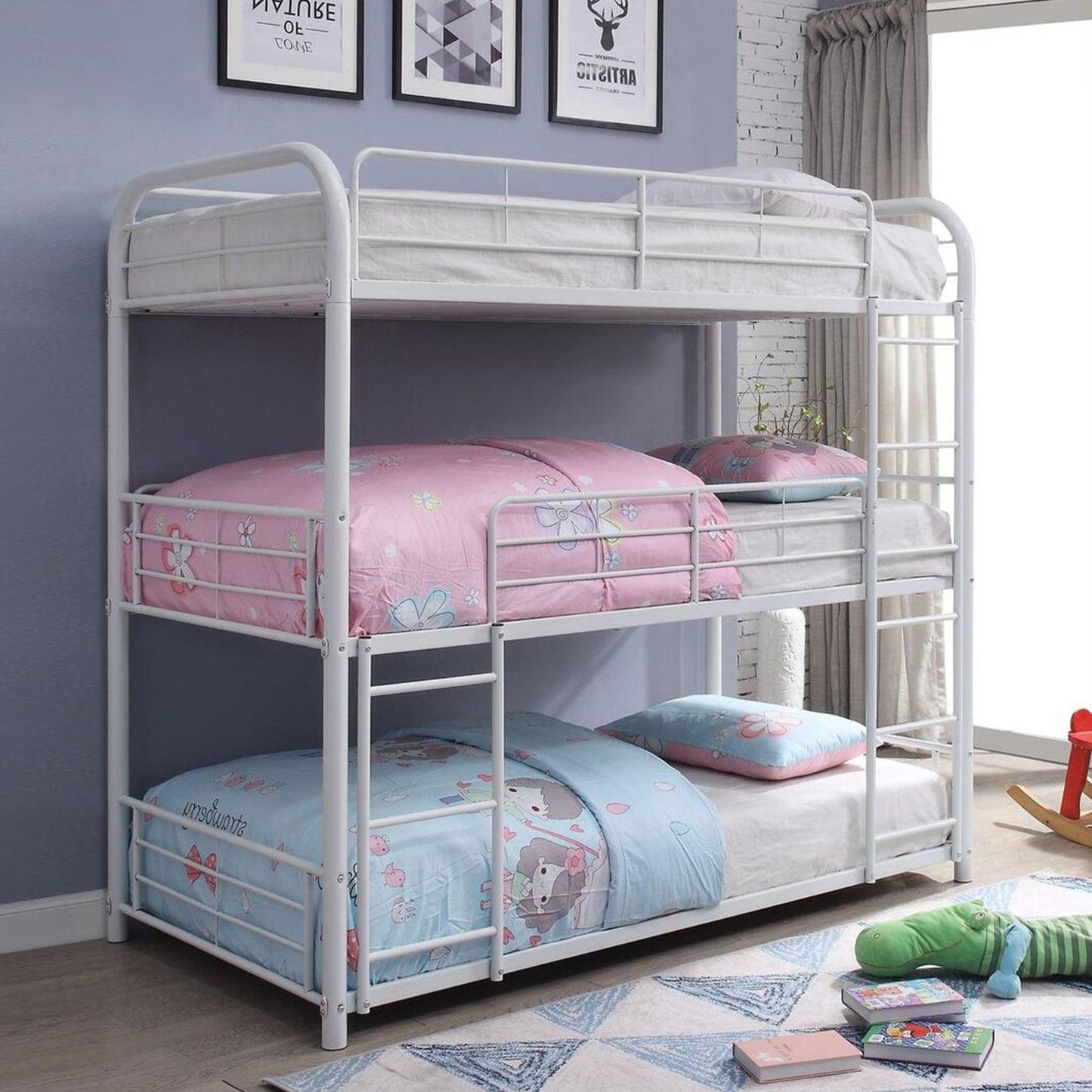 42" X 79" X 74" Gunmetal Metal Triple Bunk Bed - Twin - FurniFindUSA