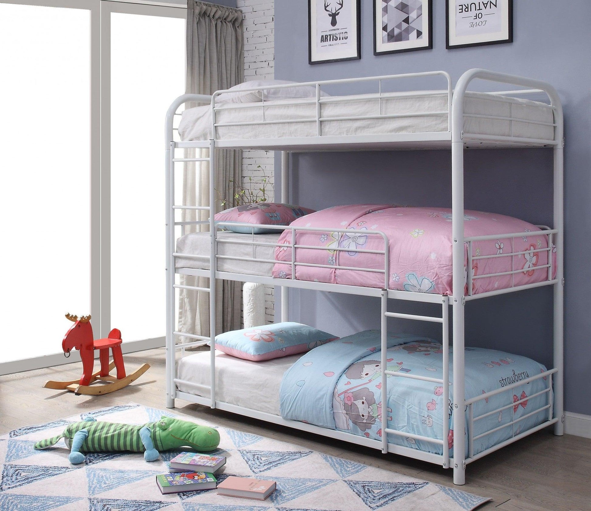 57" X 79" X 74" White Metal Triple Bunk Bed - Full - FurniFindUSA