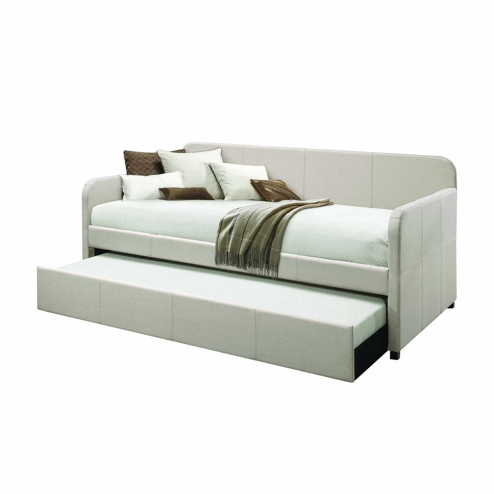 White and Light Gray Wood And Linen Twin Bed Frame HomeRoots