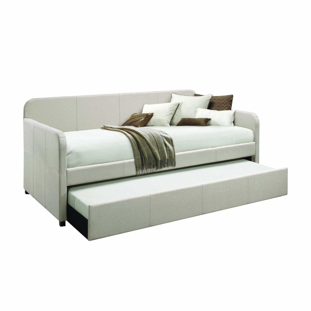 White and Light Gray Wood And Linen Twin Bed Frame HomeRoots