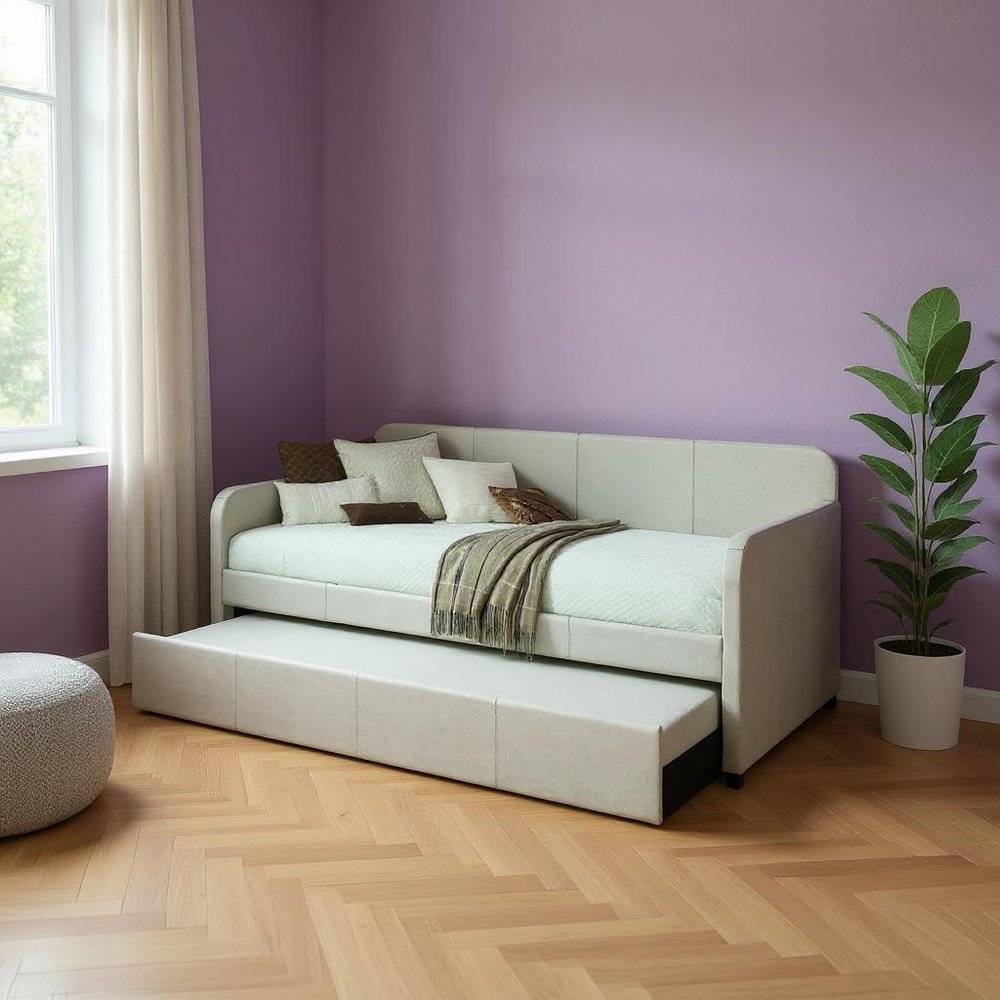White and Light Gray Wood And Linen Twin Bed Frame HomeRoots