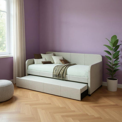 White and Light Gray Wood And Linen Twin Bed Frame HomeRoots