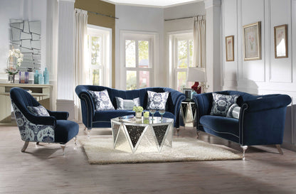 37" Blue Velvet Curved Settee And Toss Pillows With Silver Legs