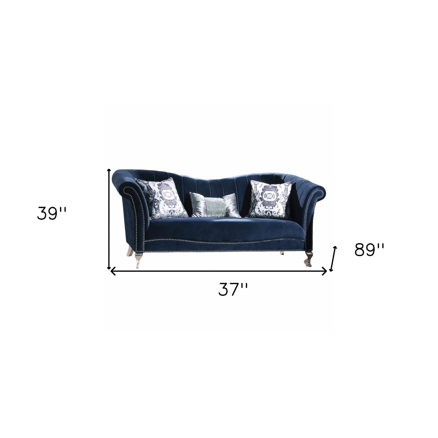 37" Blue Velvet Curved Settee And Toss Pillows With Silver Legs