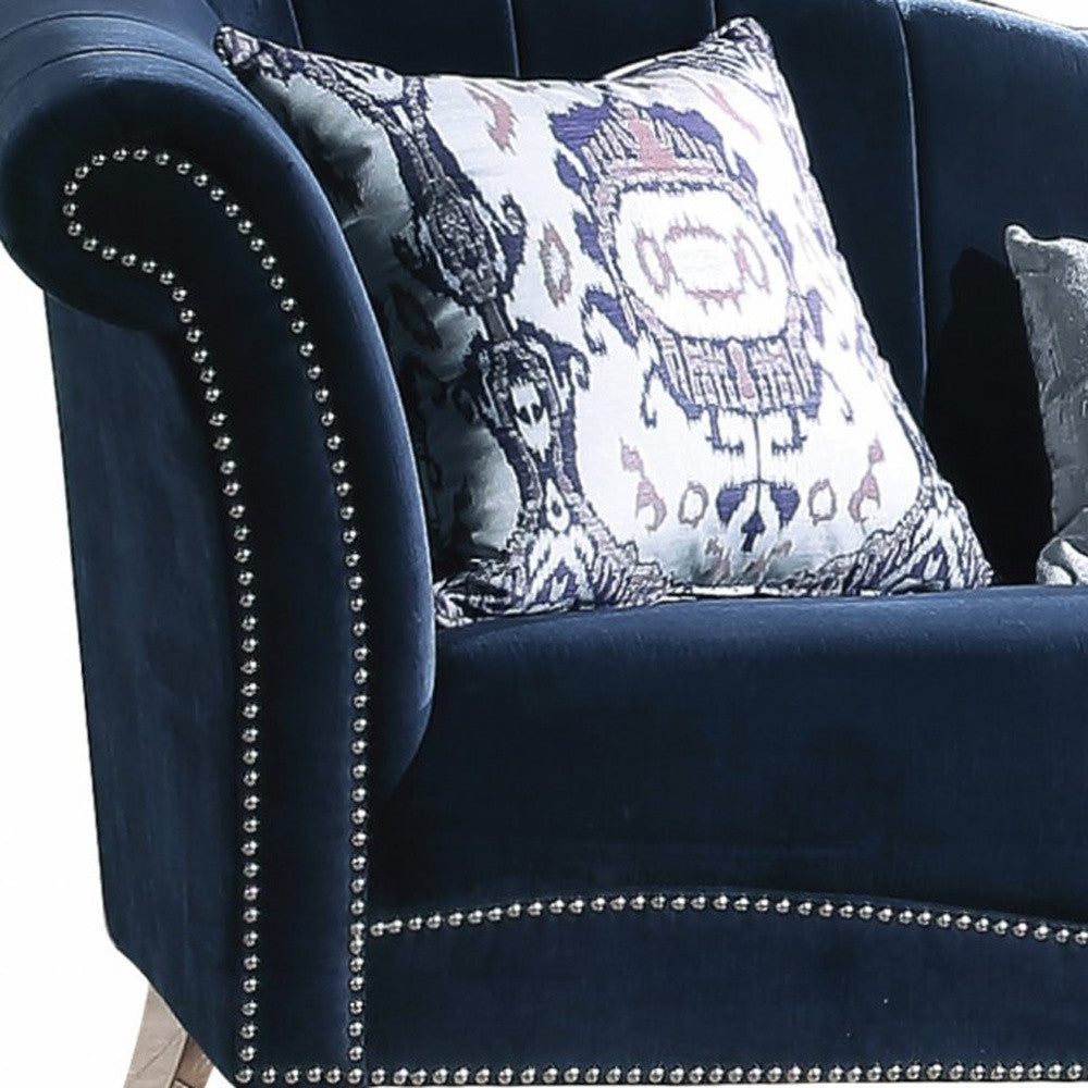 37" Blue Velvet Curved Settee And Toss Pillows With Silver Legs