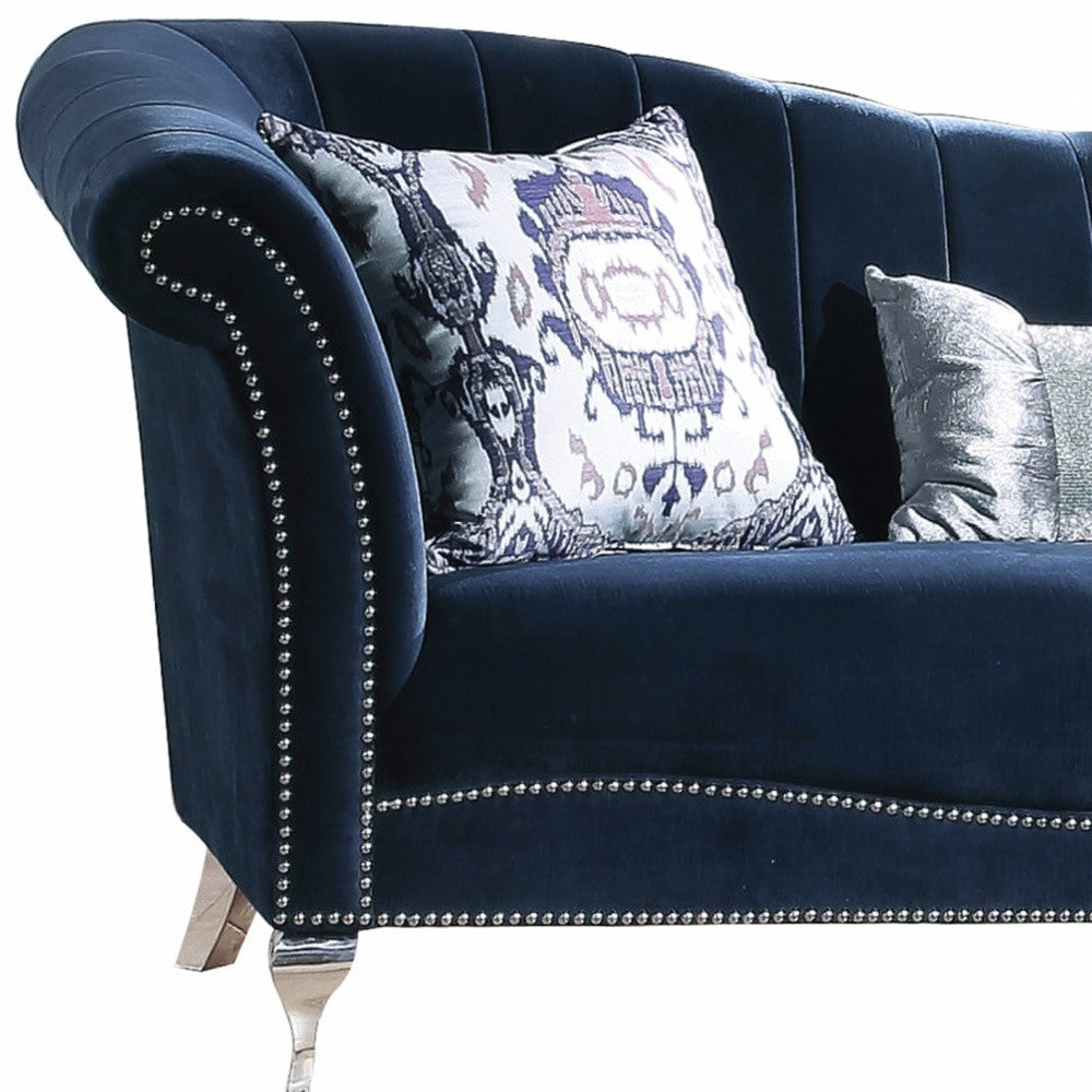 37" Blue Velvet Curved Settee And Toss Pillows With Silver Legs