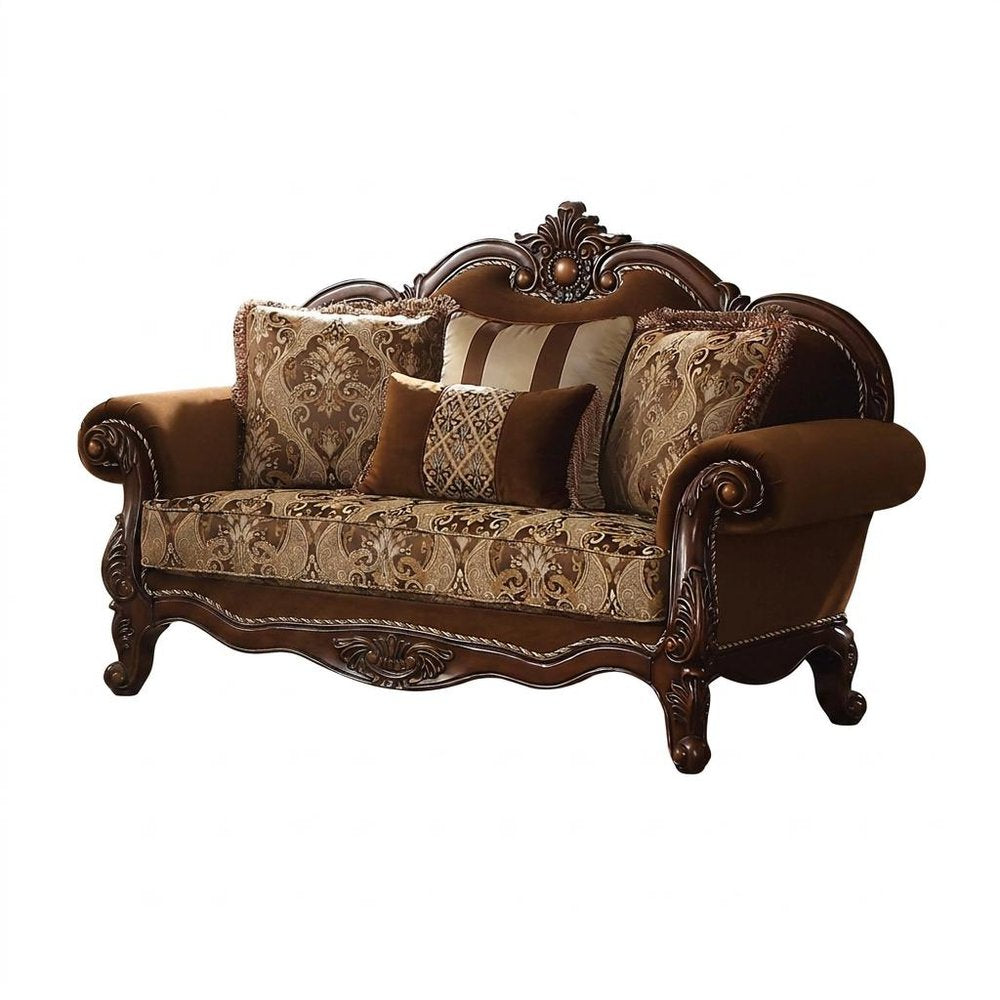 69" Brown Damask Chesterfield Loveseat and Toss Pillows HomeRoots