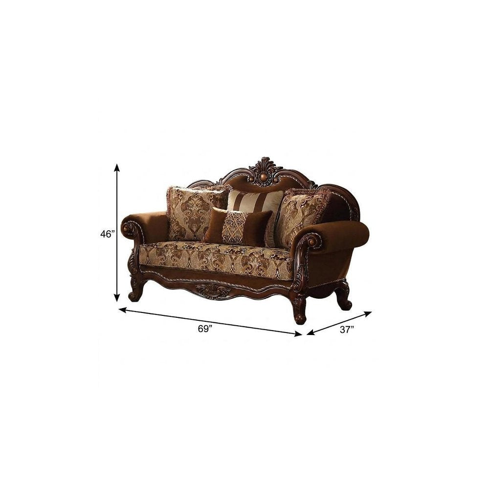69" Brown Damask Chesterfield Loveseat and Toss Pillows HomeRoots