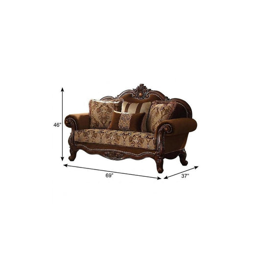 69" Brown Damask Chesterfield Loveseat and Toss Pillows HomeRoots