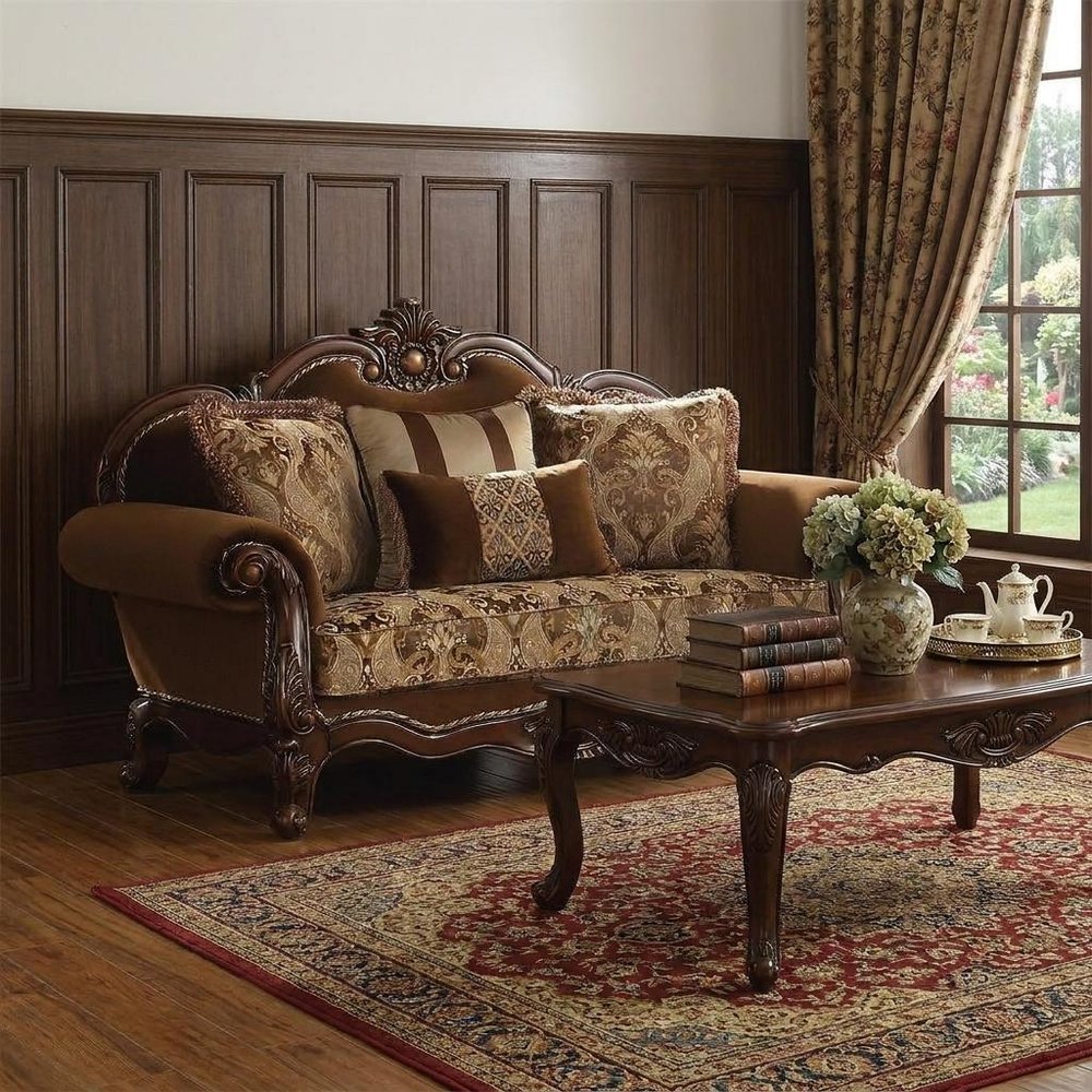 69" Brown Damask Chesterfield Loveseat and Toss Pillows HomeRoots