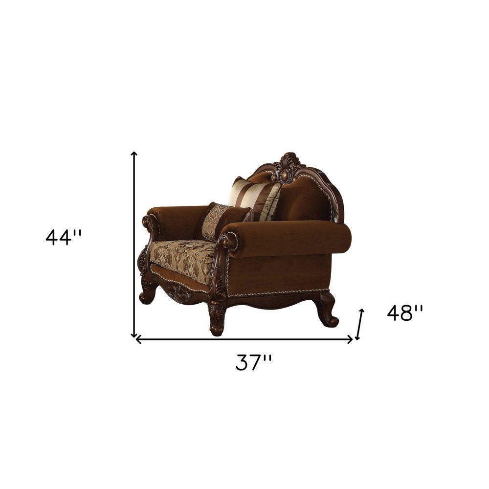 37" Brown Velvet Floral Club Chair And Toss Pillows HomeRoots