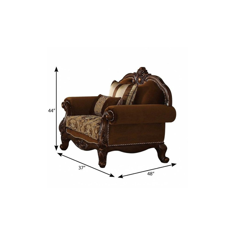 37" Brown Velvet Floral Club Chair And Toss Pillows HomeRoots