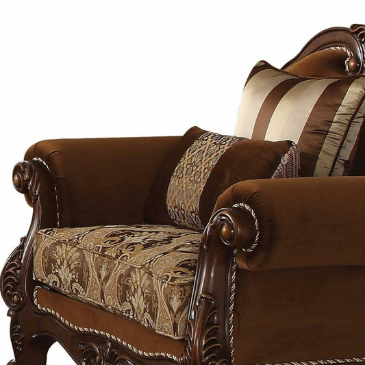 37" Brown Velvet Floral Club Chair And Toss Pillows