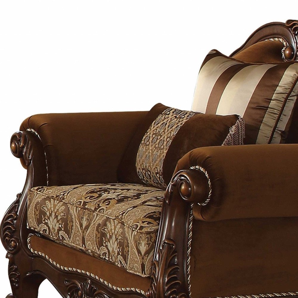 37" Brown Velvet Floral Club Chair And Toss Pillows HomeRoots