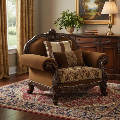 37" Brown Velvet Floral Club Chair And Toss Pillows HomeRoots