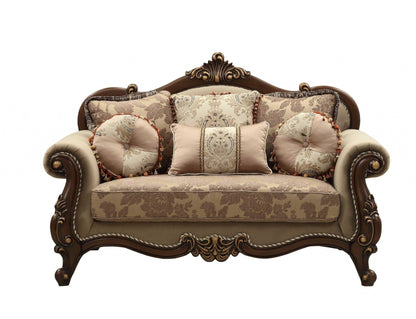 69" Beige and Gold And Brown Loveseat and Toss Pillows - FurniFindUSA