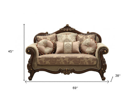 69" Beige and Gold And Brown Loveseat and Toss Pillows - FurniFindUSA