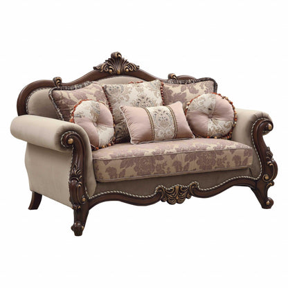 69" Beige and Gold And Brown Loveseat and Toss Pillows - FurniFindUSA