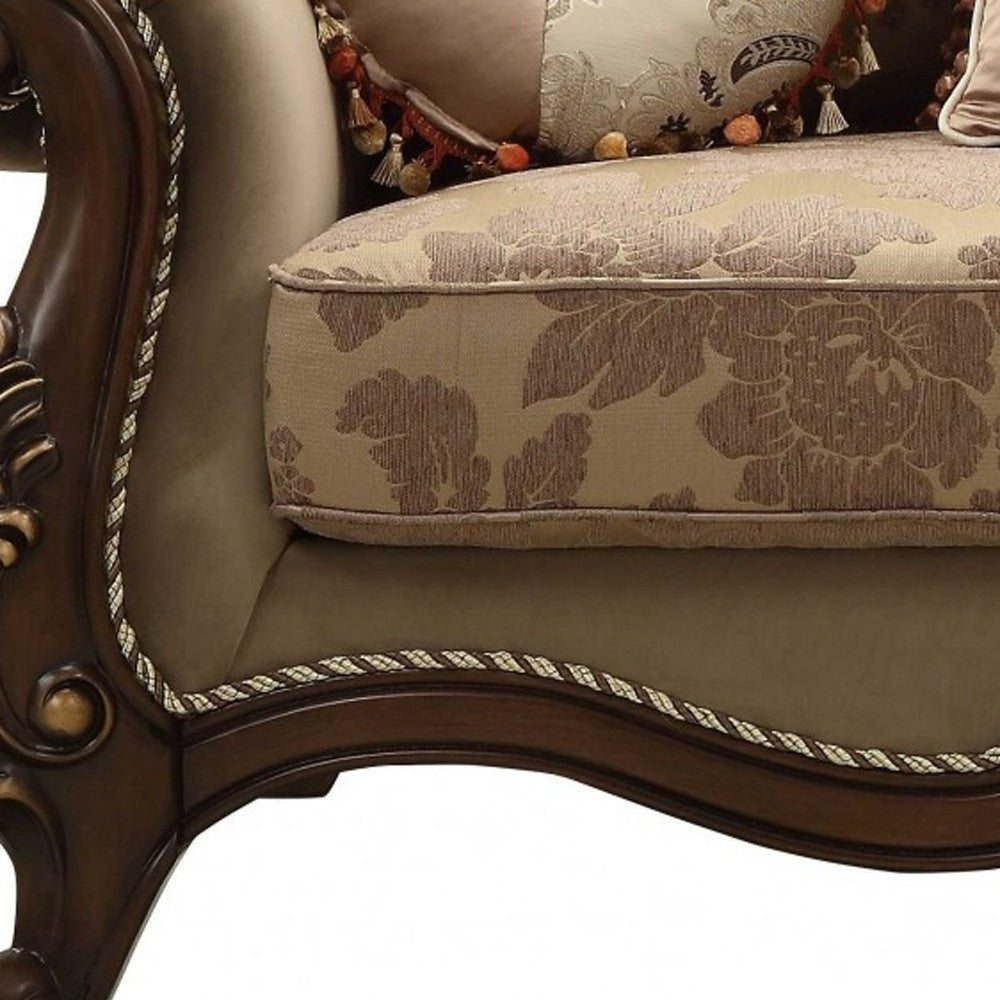 69" Beige and Gold And Brown Loveseat and Toss Pillows - FurniFindUSA