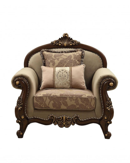 38" Beige Velvet and Wood Floral Arm Chair And Toss Pillows HomeRoots