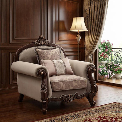 38" Beige Velvet and Wood Floral Arm Chair And Toss Pillows HomeRoots
