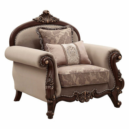 38" Beige and Brown Velvet Floral Arm Chair And Toss Pillows HomeRoots