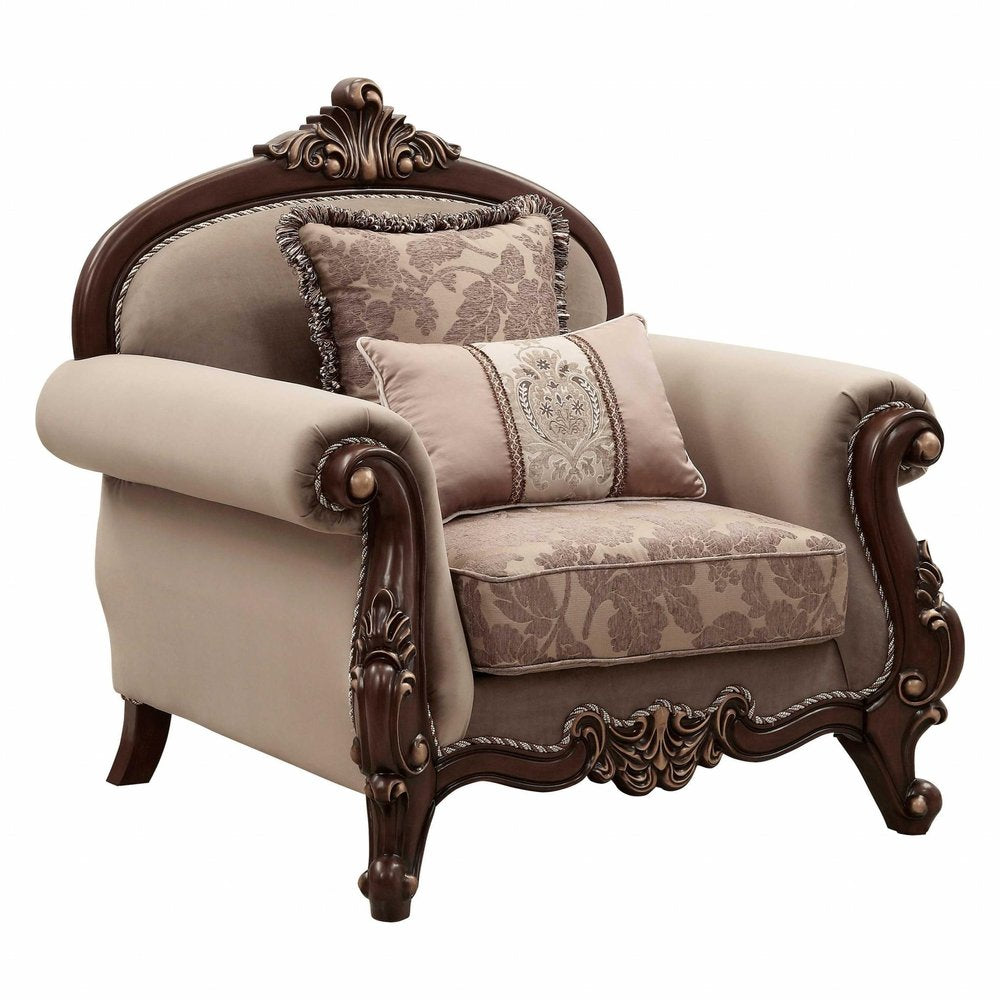 38" Beige Velvet and Wood Floral Arm Chair And Toss Pillows HomeRoots