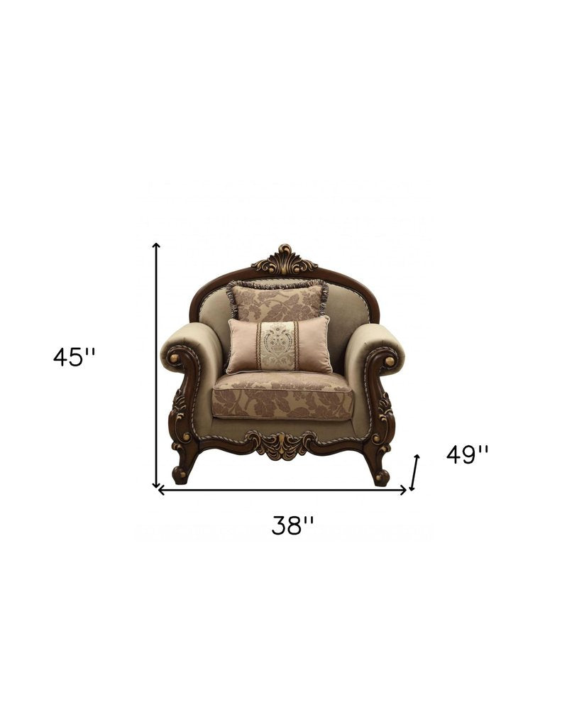 38" Beige Velvet and Wood Floral Arm Chair And Toss Pillows HomeRoots