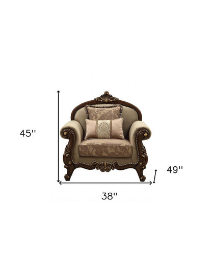 38" Beige Velvet and Wood Floral Arm Chair And Toss Pillows HomeRoots